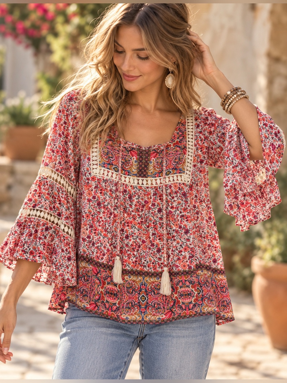 One World S Boho Ditsy Red Floral Top Bell Sleeves Crochet Lace Tassel Tie